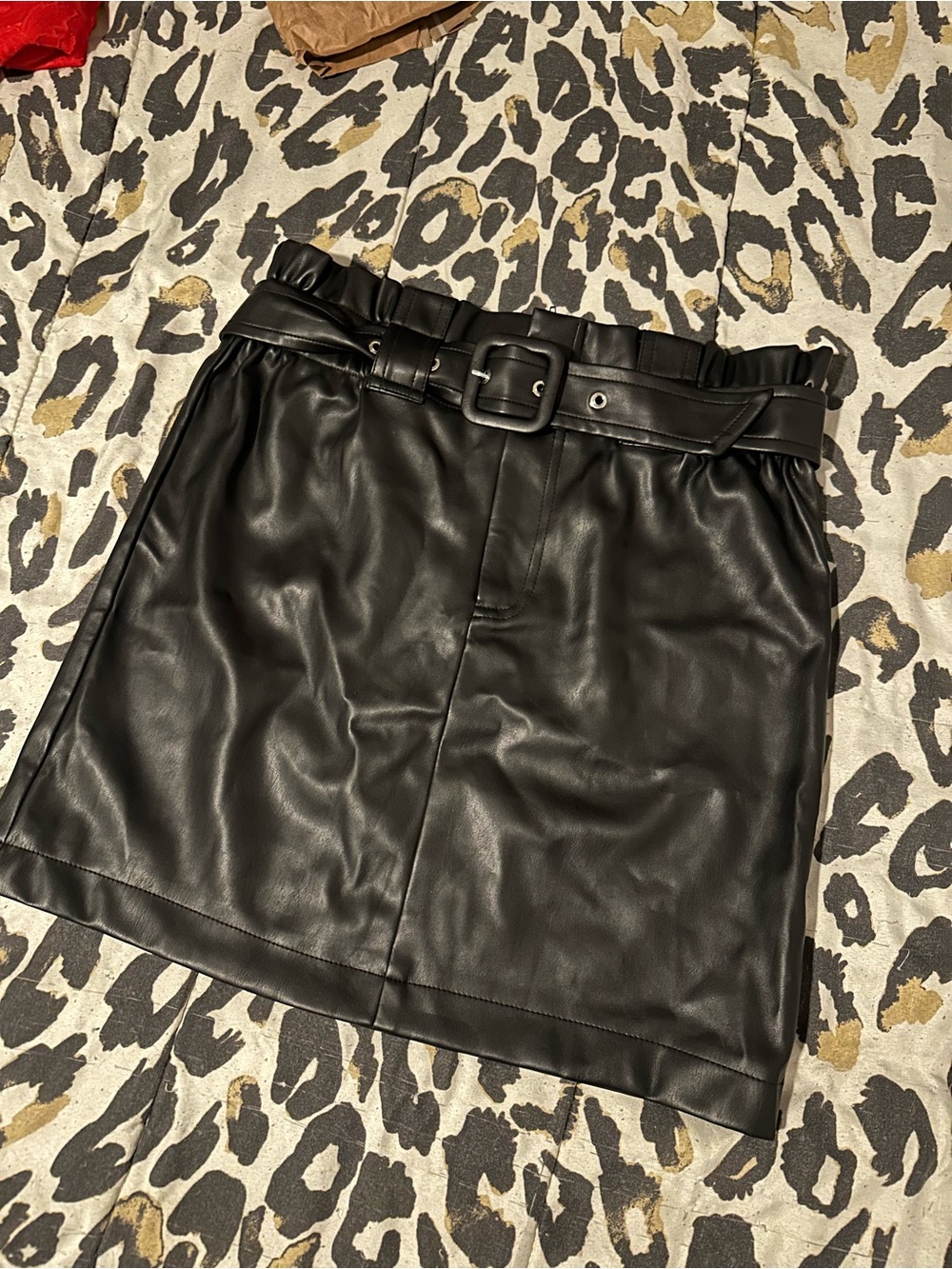 Chocolate Black Faux Leather Mini Skirt with Belted Paperbag Waist